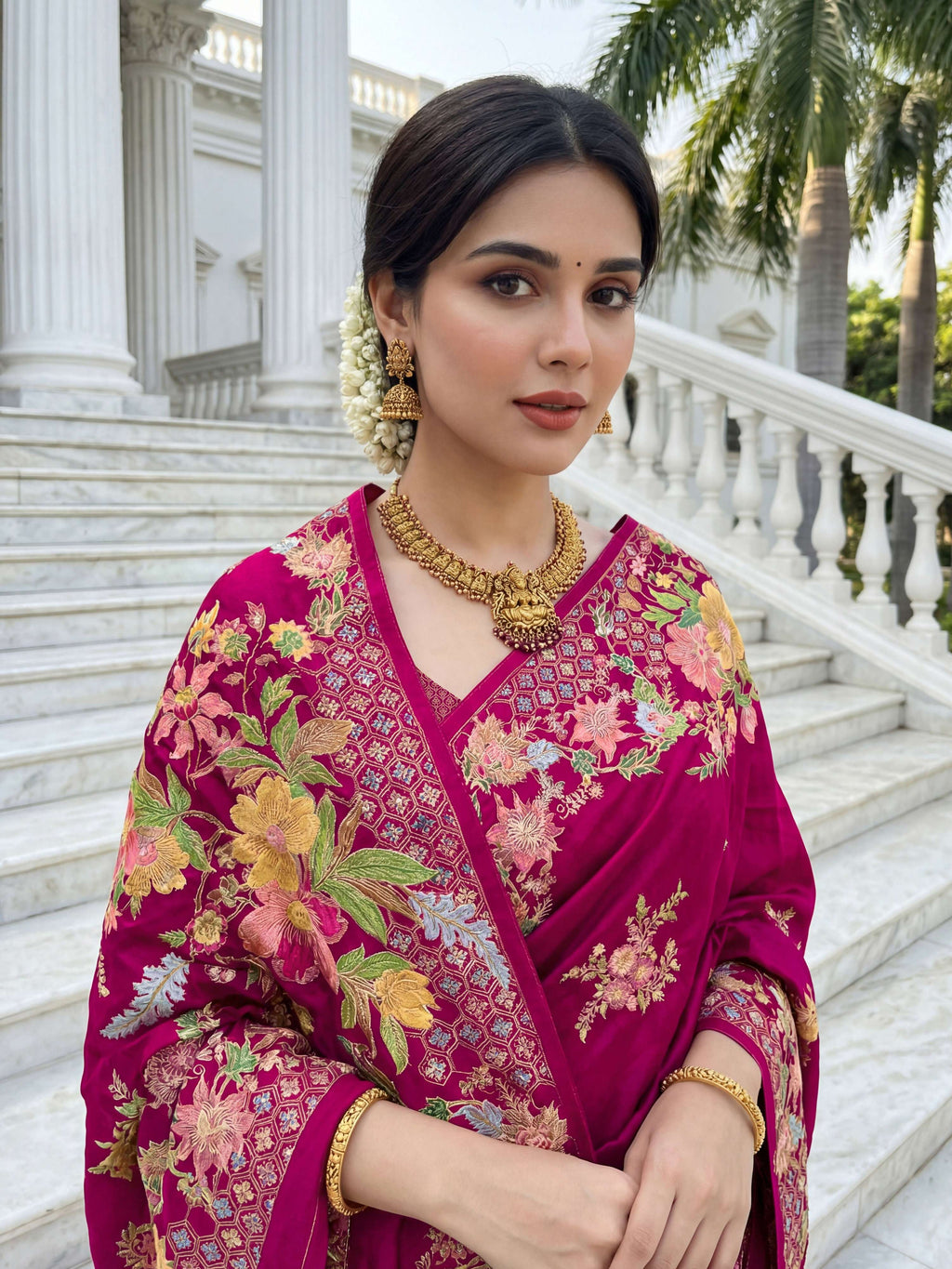 Rani Pink Russian Silk Saree with Designer Floral Position Print