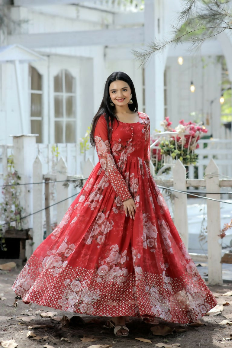 Red Anarkali dress featuring sequence and Zari embroidery in faux georgette fabric
