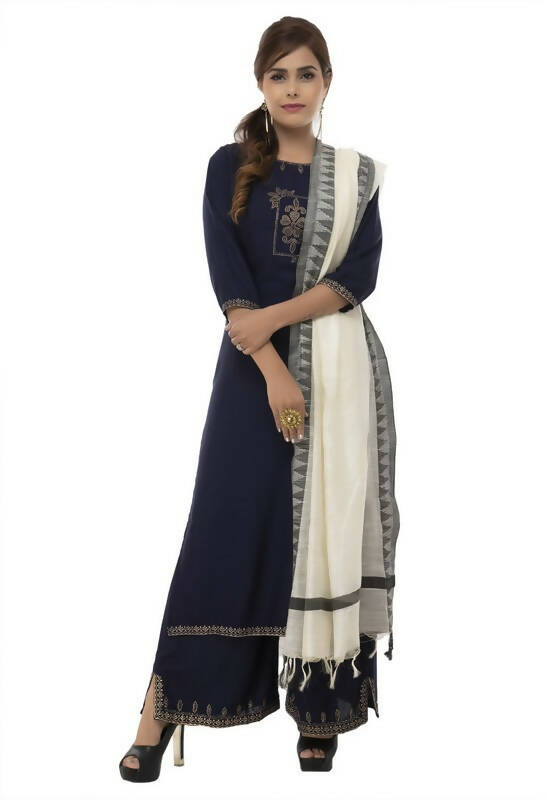Off White Cotton Dupatta with Black Temple Border