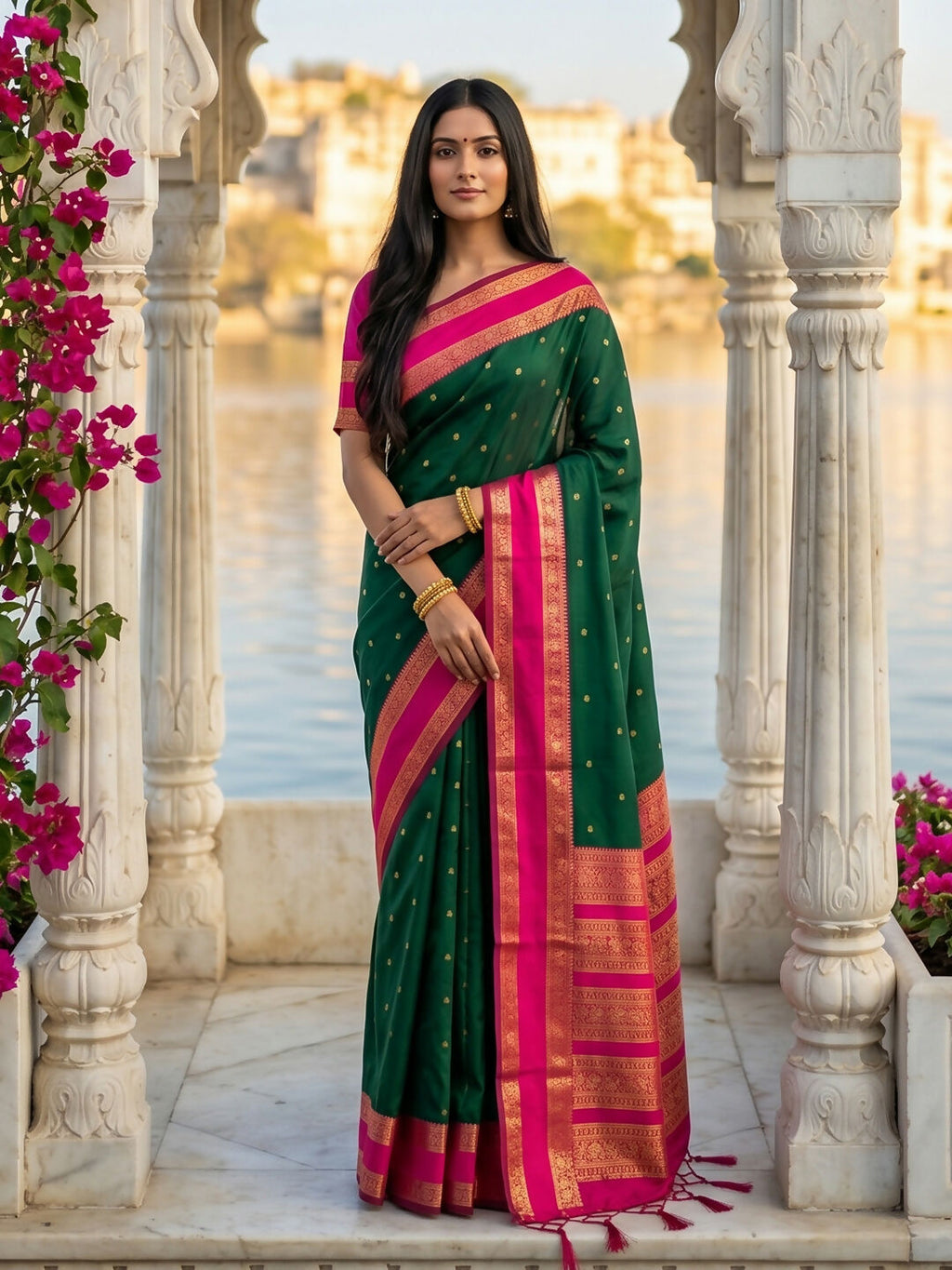 Dark green silk blend saree with matching blouse piece draped elegantly