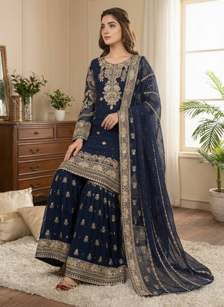 Navy Blue Georgette Embroidered Sequins Sharara Suit Set