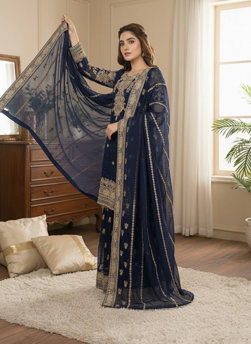 Navy Blue Georgette Embroidered Sequins Sharara Suit Set