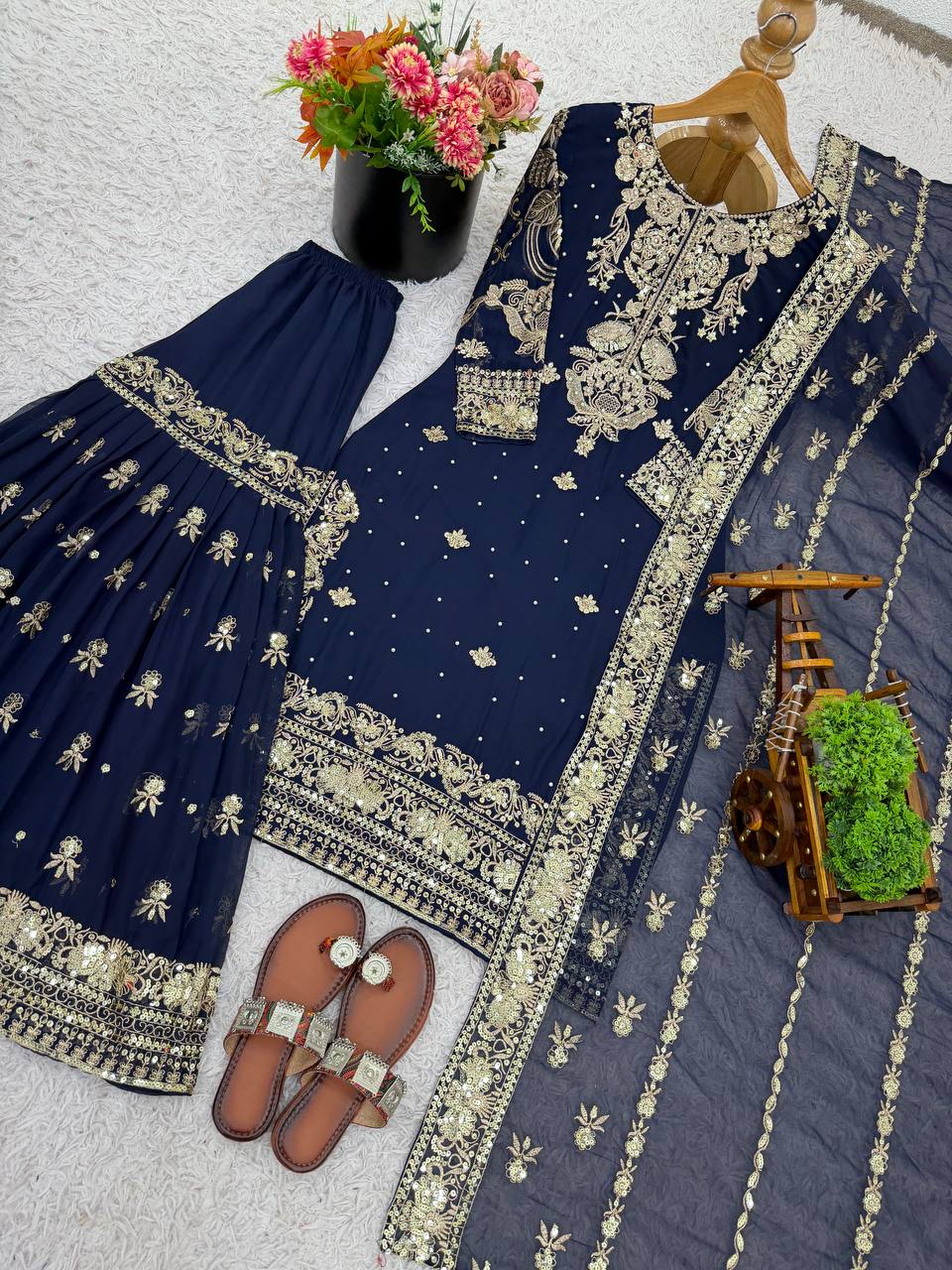 Navy Blue Georgette Embroidered Sequins Sharara Suit Set