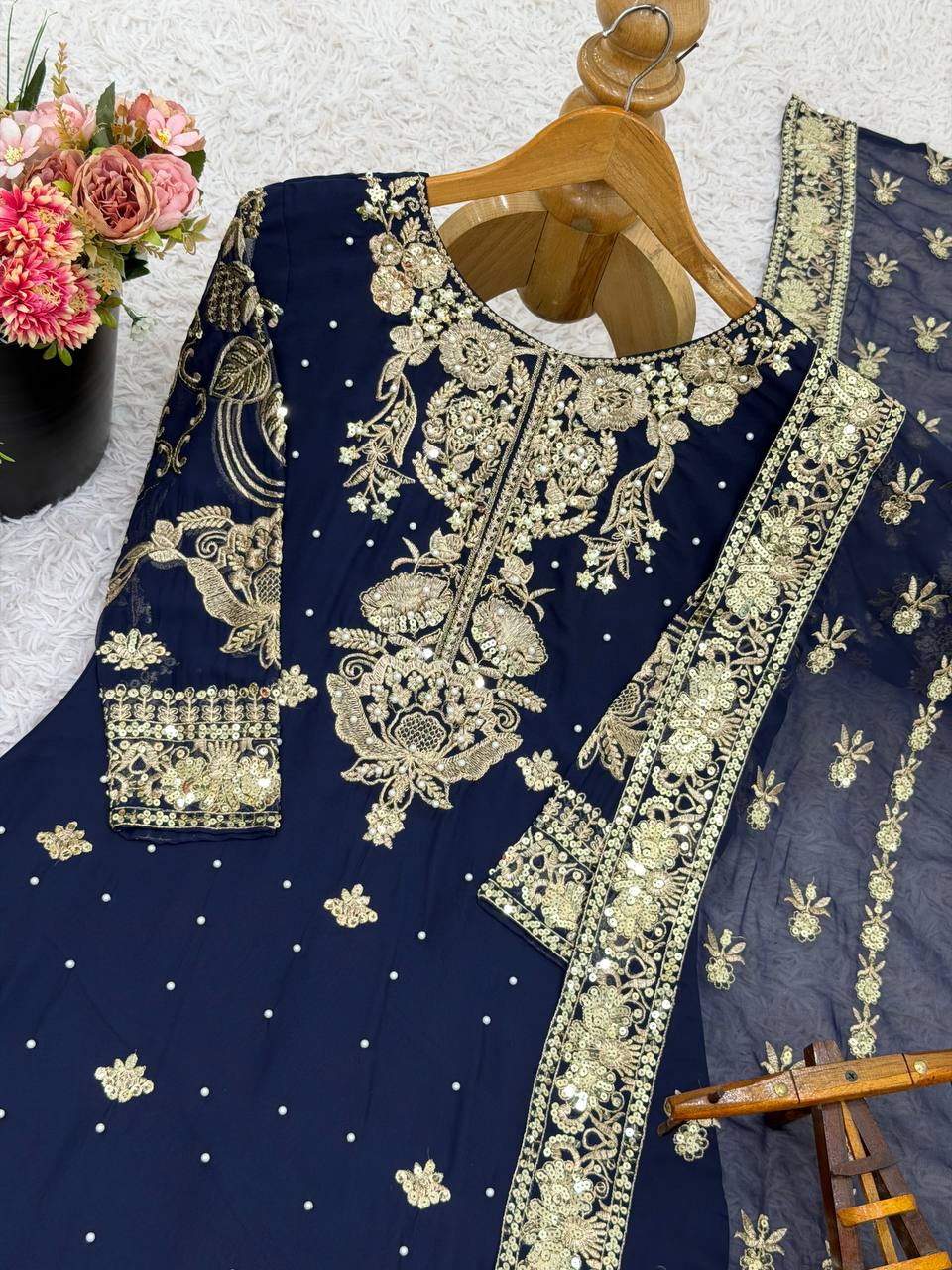 Navy Blue Georgette Embroidered Sequins Sharara Suit Set
