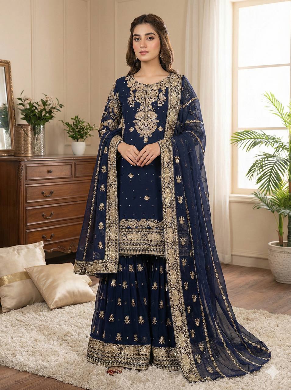 Navy blue faux georgette sharara suit featuring intricate embroidery and sequins work