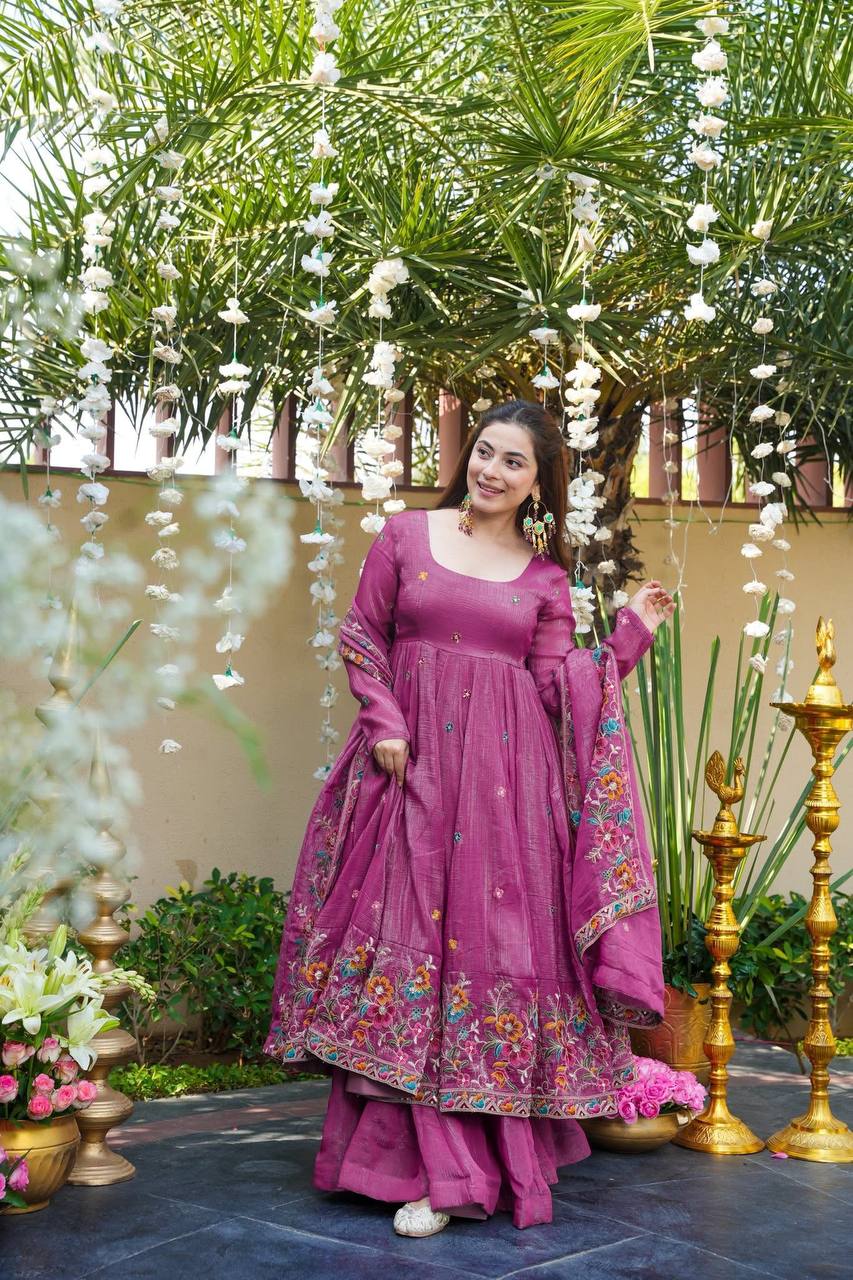 Onion Pink Crunchy Silk Palazzo Suit with Sequins Embroidery