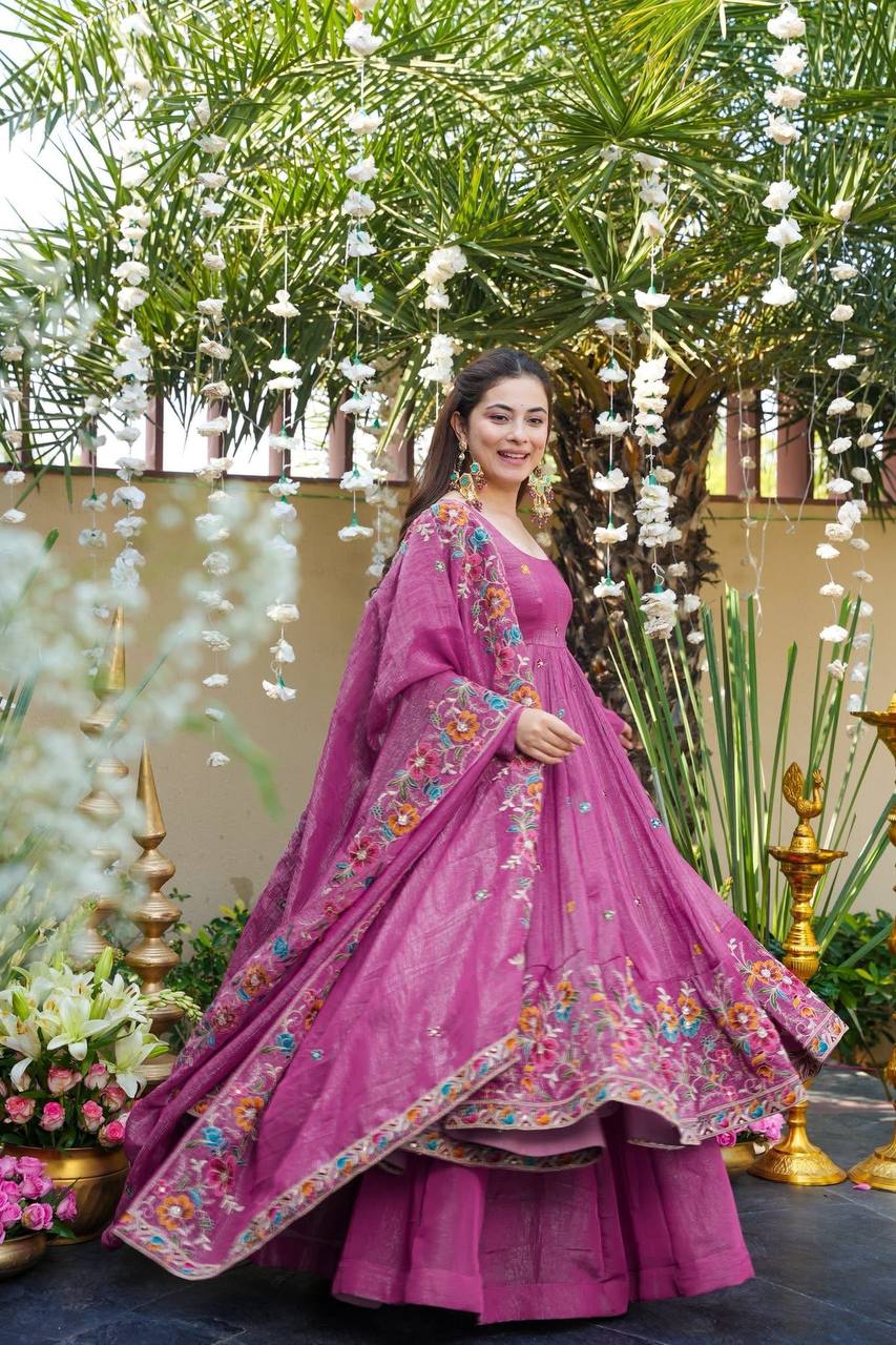 Onion Pink Crunchy Silk Palazzo Suit with Sequins Embroidery