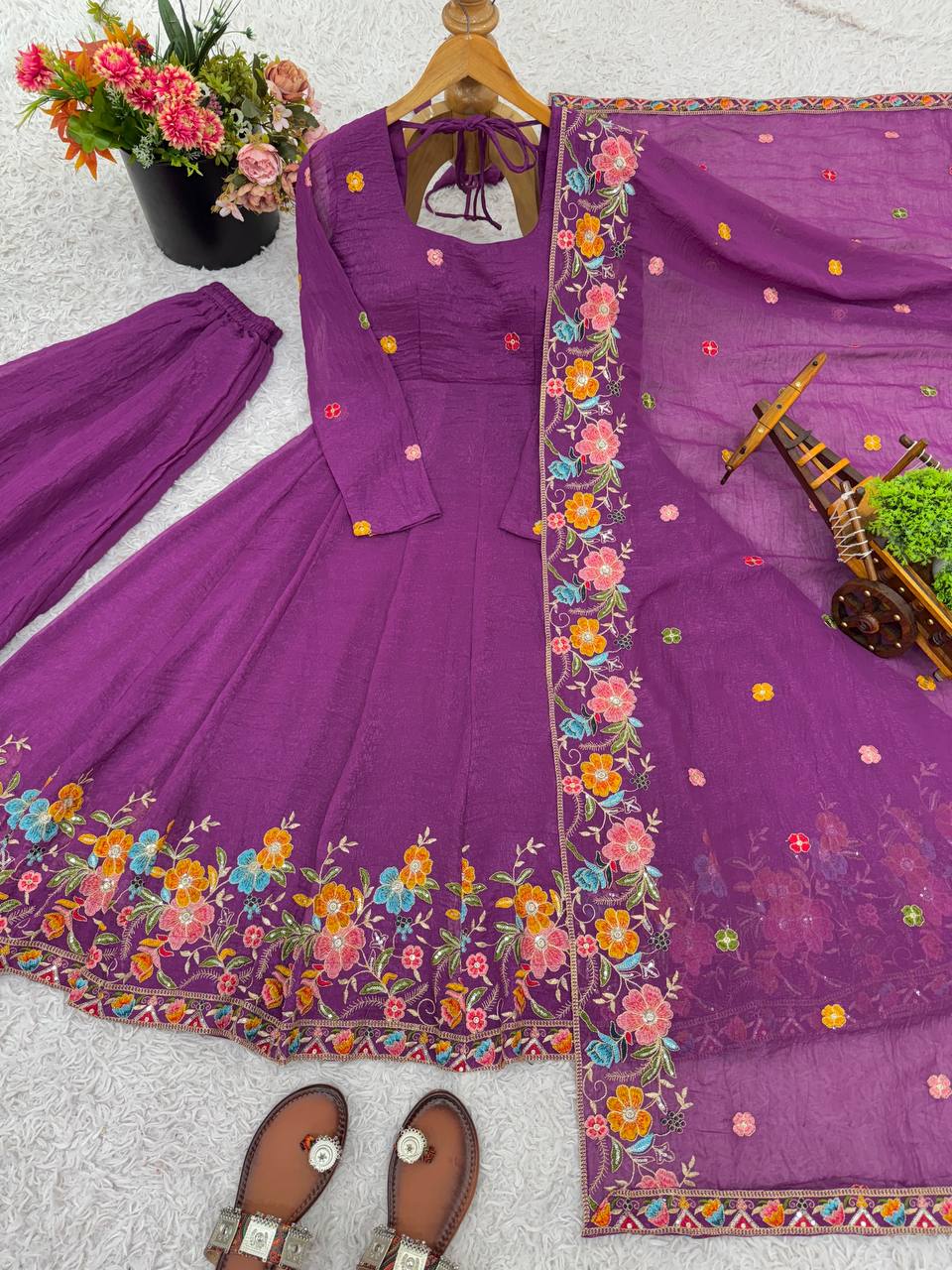 Onion Pink Crunchy Silk Palazzo Suit with Sequins Embroidery