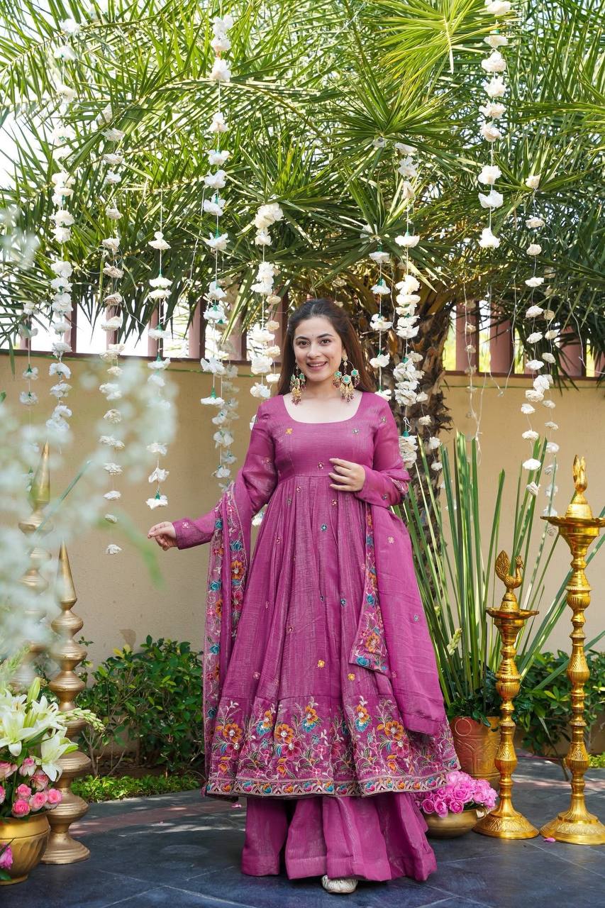 Onion Pink Crunchy Silk palazzo suit with sequins and embroidery