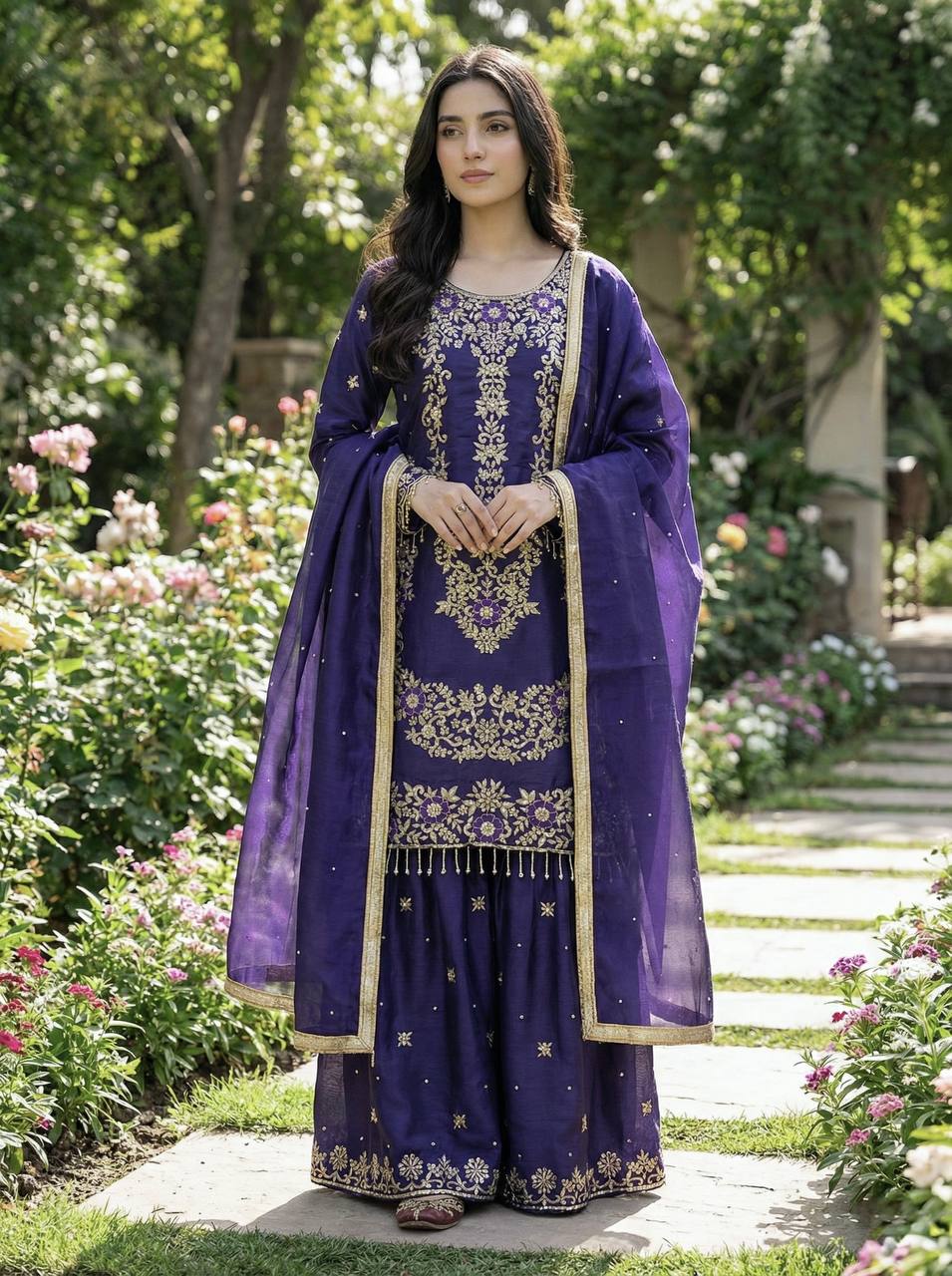 Blue pure Jimmy silk sharara suit with heavy embroidery and sequins