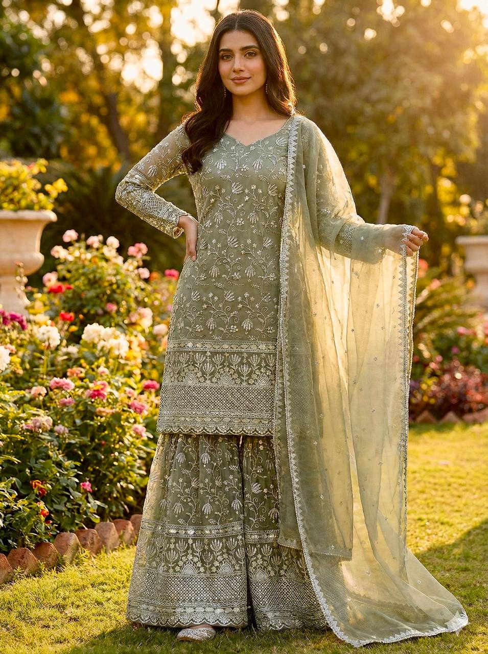 Prazu Fashion Olive Green Pure Jimmy Silk Embroidered With Sequins Sharara Suit