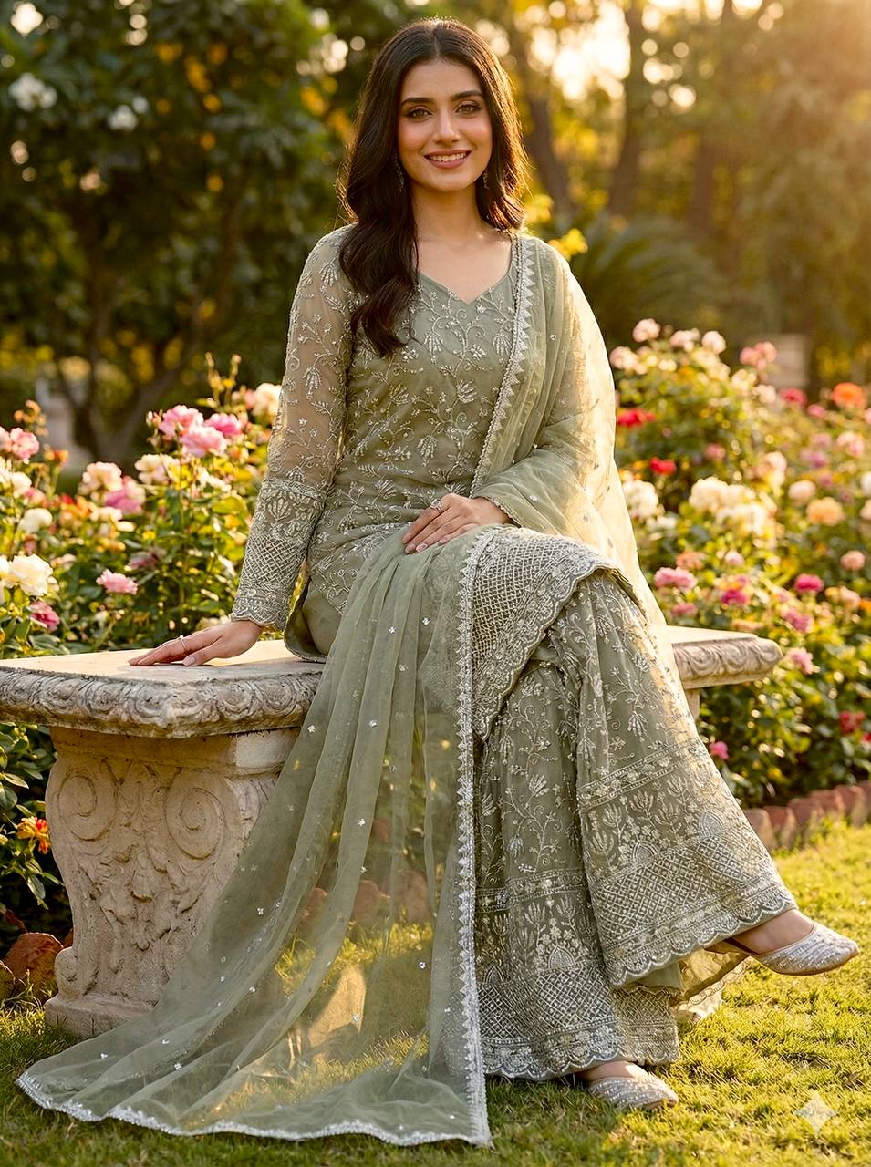 Prazu Fashion Olive Green Pure Jimmy Silk Embroidered With Sequins Sharara Suit