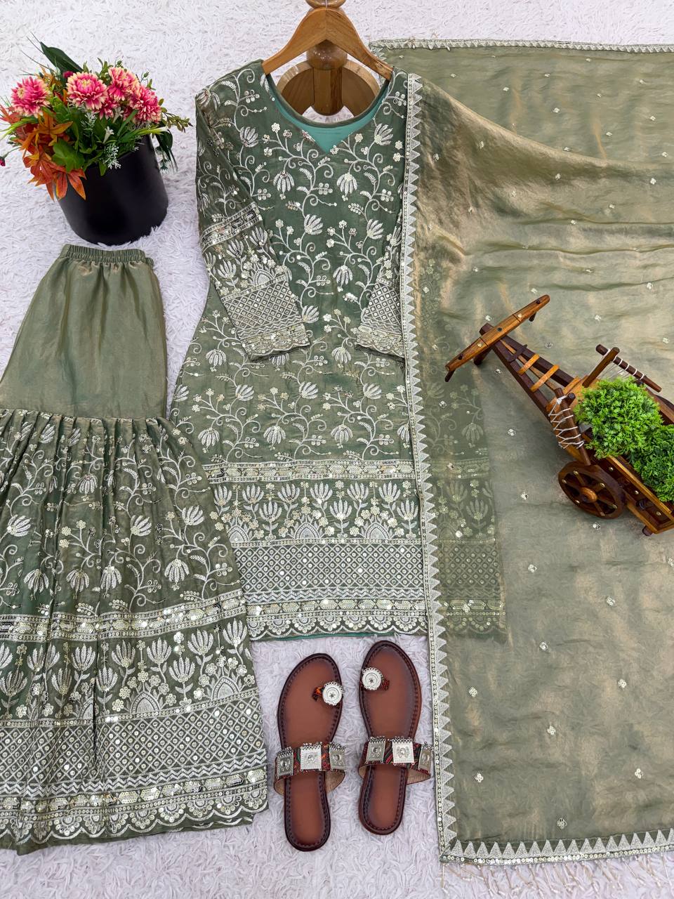 Prazu Fashion Olive Green Pure Jimmy Silk Embroidered With Sequins Sharara Suit