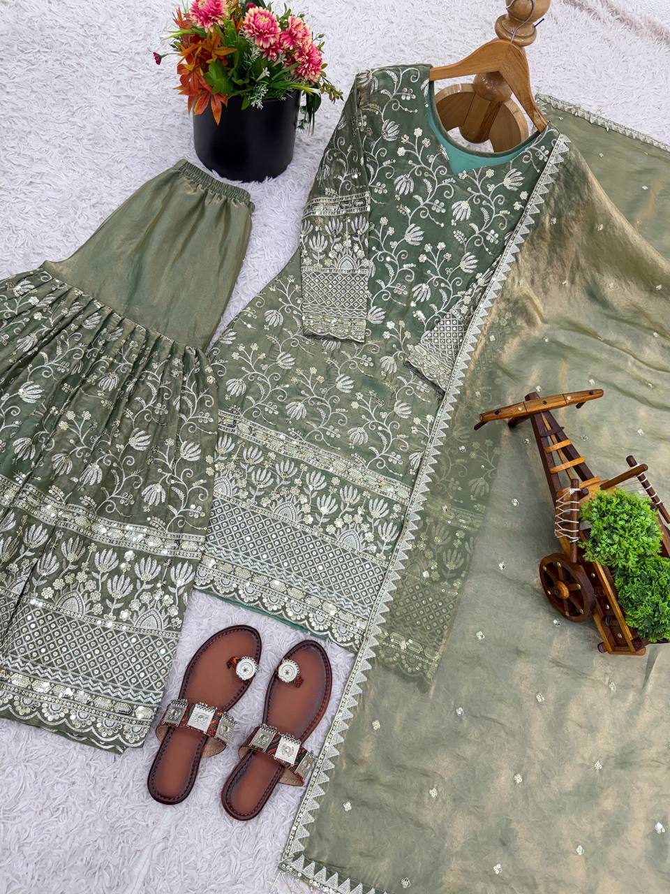 Prazu Fashion Olive Green Pure Jimmy Silk Embroidered With Sequins Sharara Suit