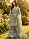 Prazu Fashion Olive Green Pure Jimmy Silk Embroidered With Sequins Sharara Suit