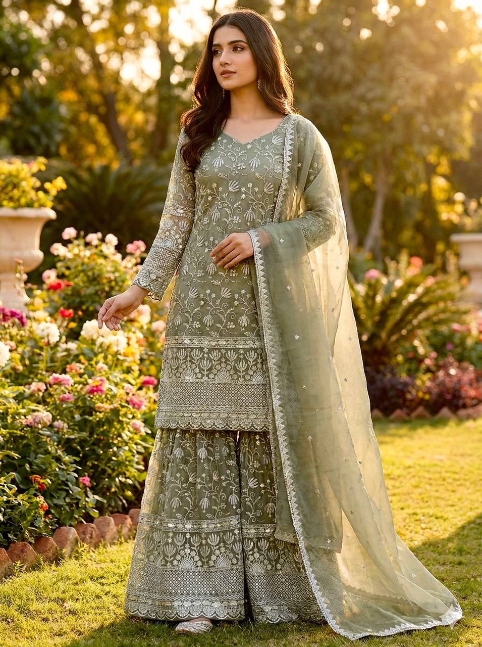 Prazu Fashion Olive Green Pure Jimmy Silk Embroidered With Sequins Sharara Suit