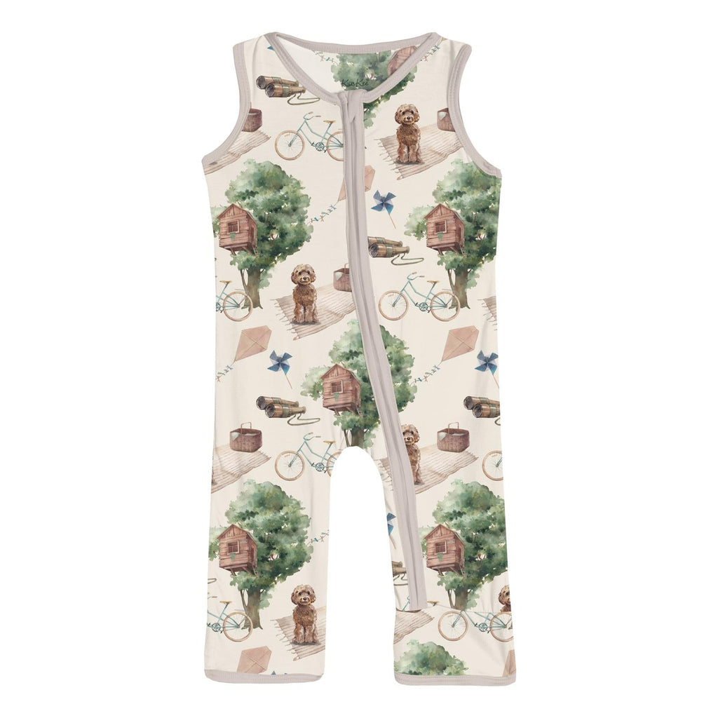 Print Finn Zip Tank Romper in Natural Tree House