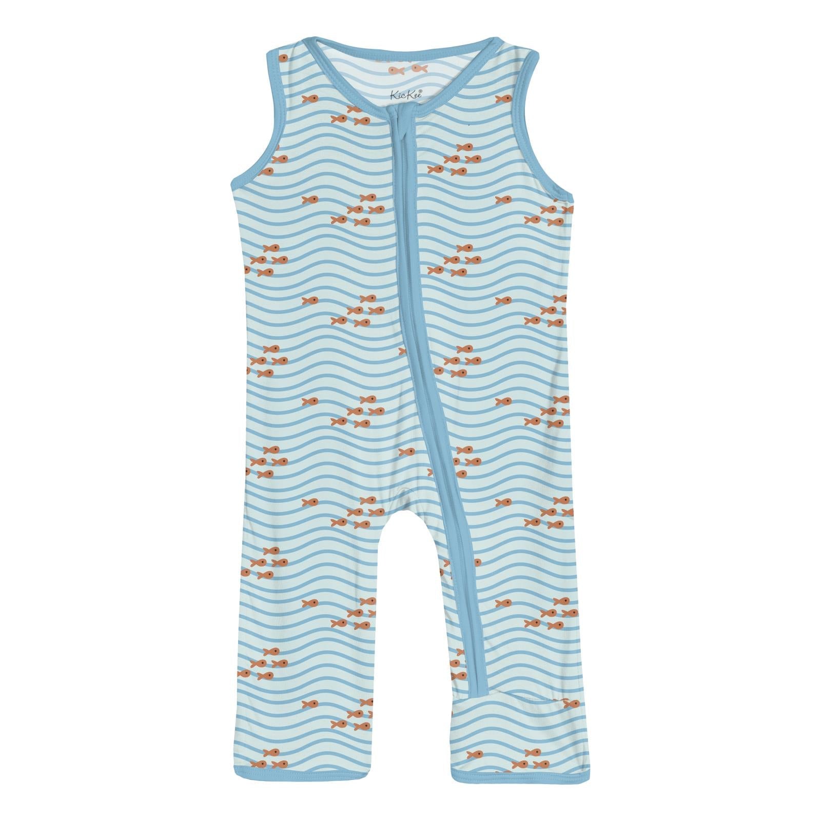 Print Finn Zip Tank Romper in Fresh Air Little Fishy