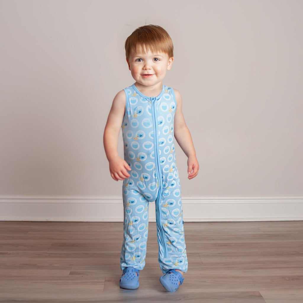 Print Finn Zip Tank Romper in Seaside Blue Porthole Rubber Ducky