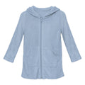 Women's knee-length cotton terry zip-front robe in a solid muted dusty blue-green pond color