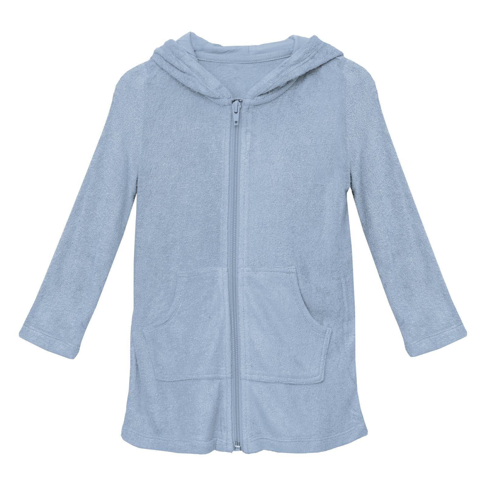Women's knee-length cotton terry zip-front robe in a solid muted dusty blue-green pond color