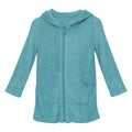 Child wearing a deep sea-teal Terry Zip-Front After Swim Robe in Glacier.
