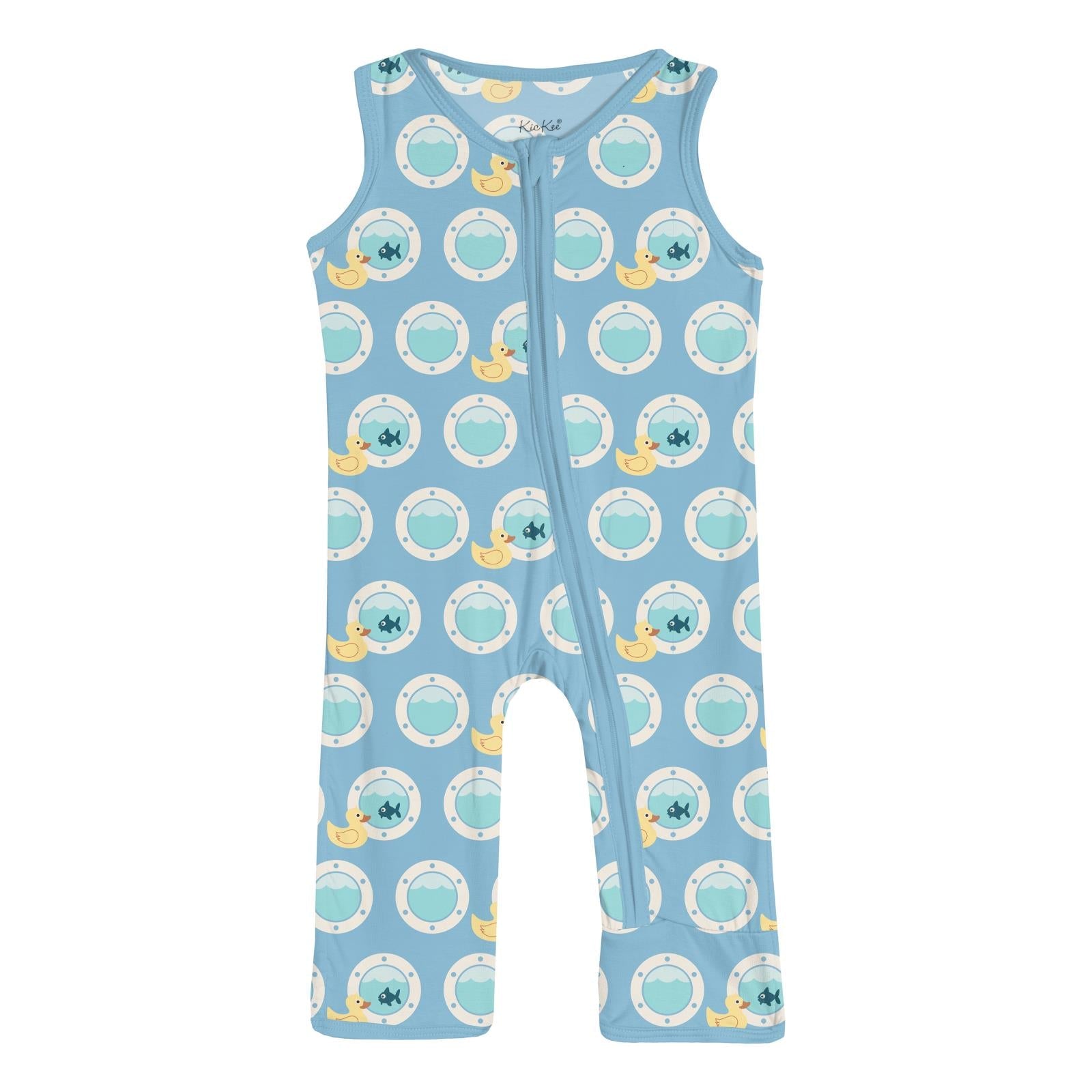 Print Finn Zip Tank Romper in Seaside Blue Porthole Rubber Ducky