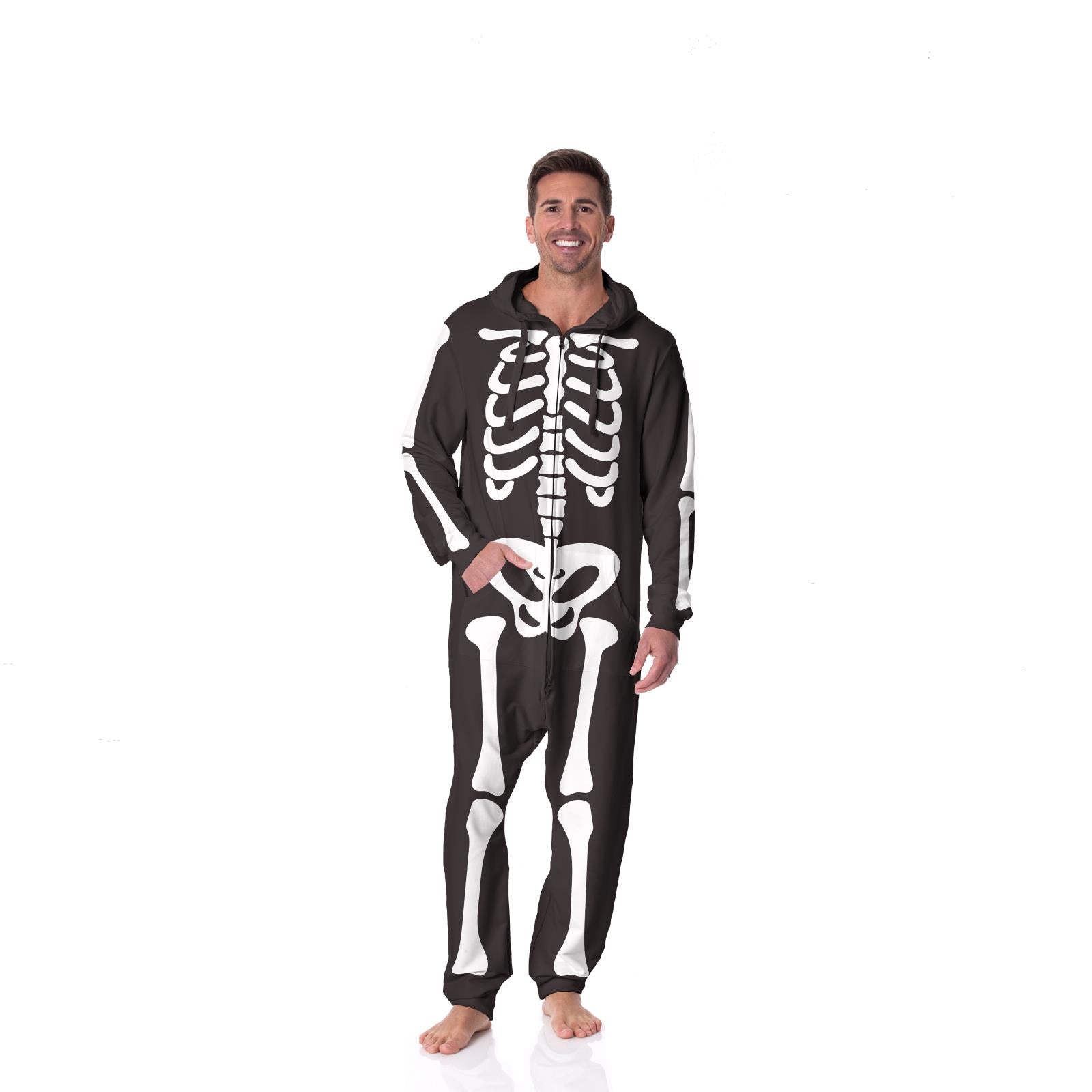 Adult Graphic Fleece Jumpsuit with Hood in Midnight Skeleton