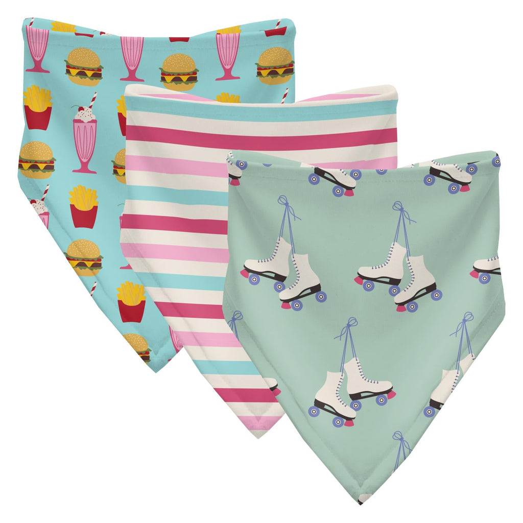 Print Bandana Bib Set of 3 in Pistachio Roller Skates, Summer Sky Cheeseburger & Sock Hop Stripe
