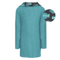 Child wearing a Summer Sky teal terry pull-over swim robe with a comic-book print lined hood.