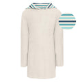 Natural heathered oatmeal knit pull-over robe with nautical stripe lined hood