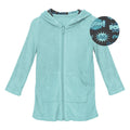 Seaglass aqua robe featuring a fun navy blue comic book print lining on the hood.