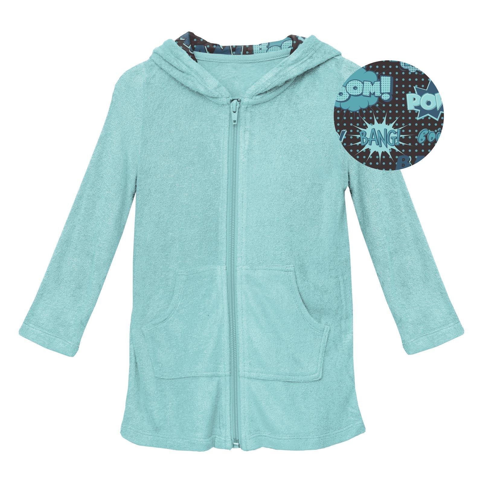 Seaglass aqua robe featuring a fun navy blue comic book print lining on the hood.