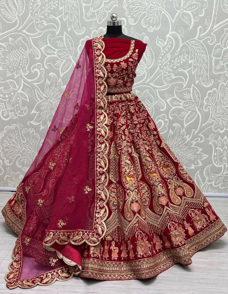 Rani Pink velvet wedding lehenga choli with Zircon diamond work