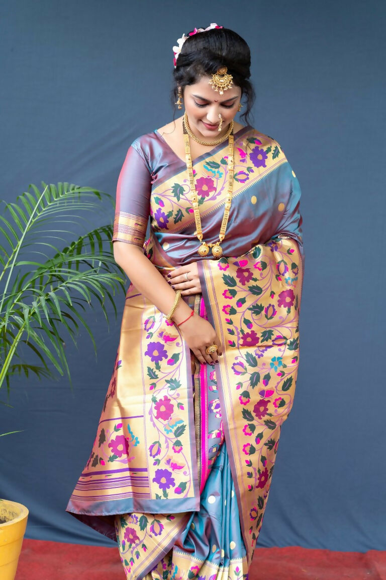 Grey Paithani Silk Saree with Zari Woven Border and Blouse