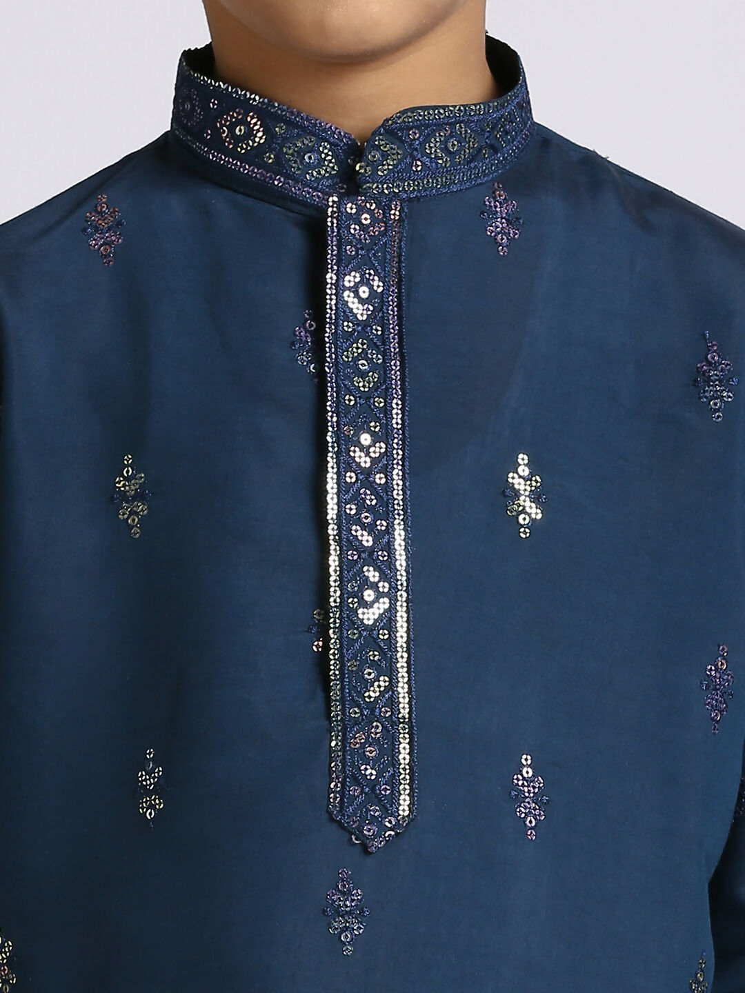 Boys Blue Silk Kurta Pyjama Set with Sequence Embroidery