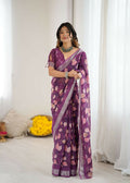 PR Fashion Purple Linen Patta Printed Saree
