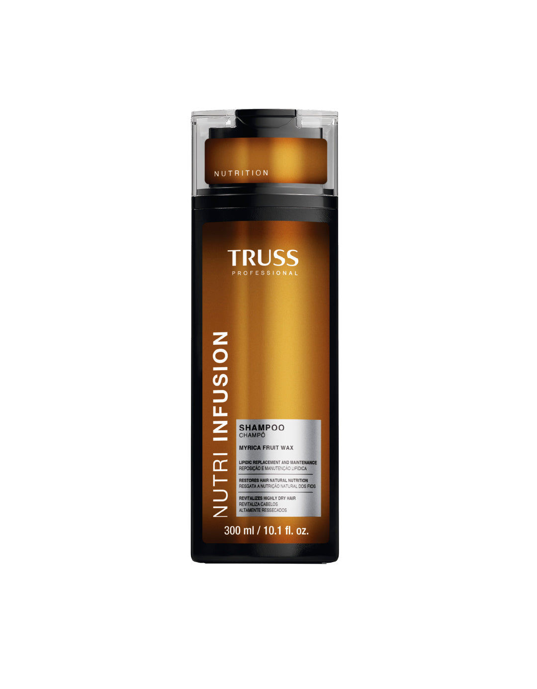 Truss Nutri Infusion Shampoo bottle featuring black, brown, and gold packaging details.
