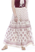 Off-white and magenta cotton block print palazzo pants with detailed lace work trim.