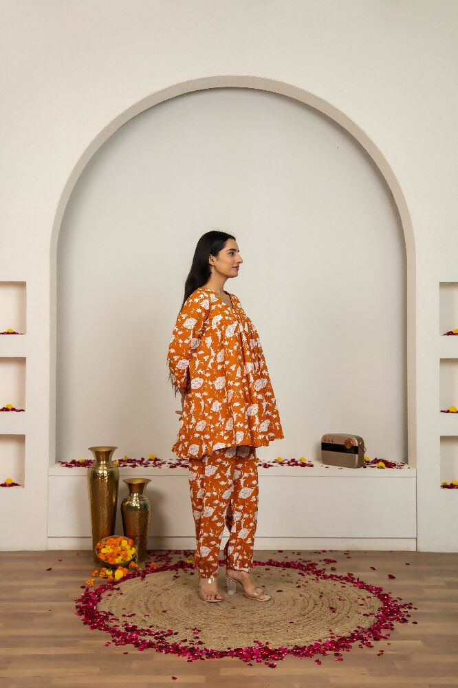 Peach Hand Block Print Cotton Kurta Set for Women