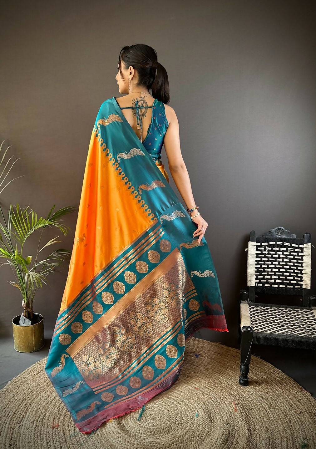 Teal Peacock Butti Banarasi Silk Saree with Unstitched Blouse