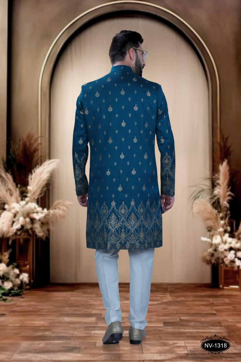 Boys Blue Silk Kurta and Pyjama Set with Foil Print Design