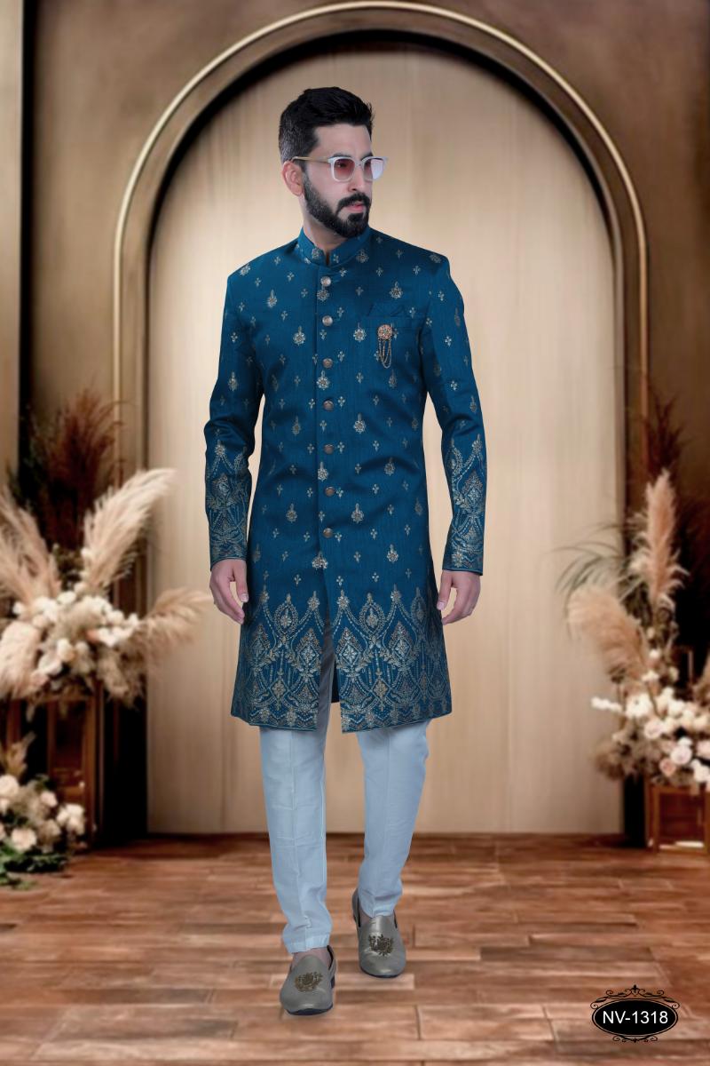 Boys blue silk kurta featuring a decorative foil print panel with matching polo pyjama