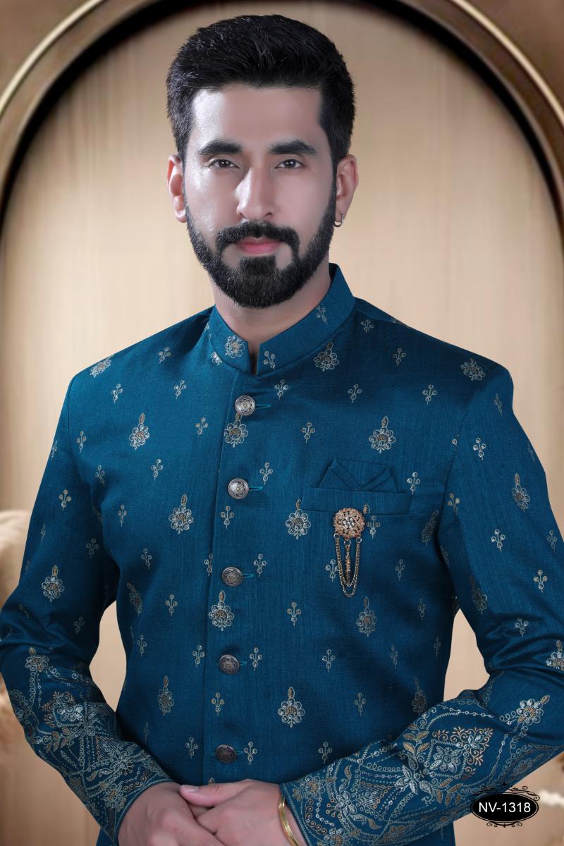 Boys Blue Silk Kurta and Pyjama Set with Foil Print Design