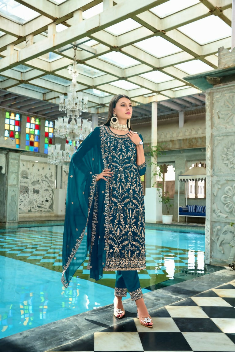 Morpich colored Faux Georgette Pakistani kurta with intricate embroidery and Moti work detail