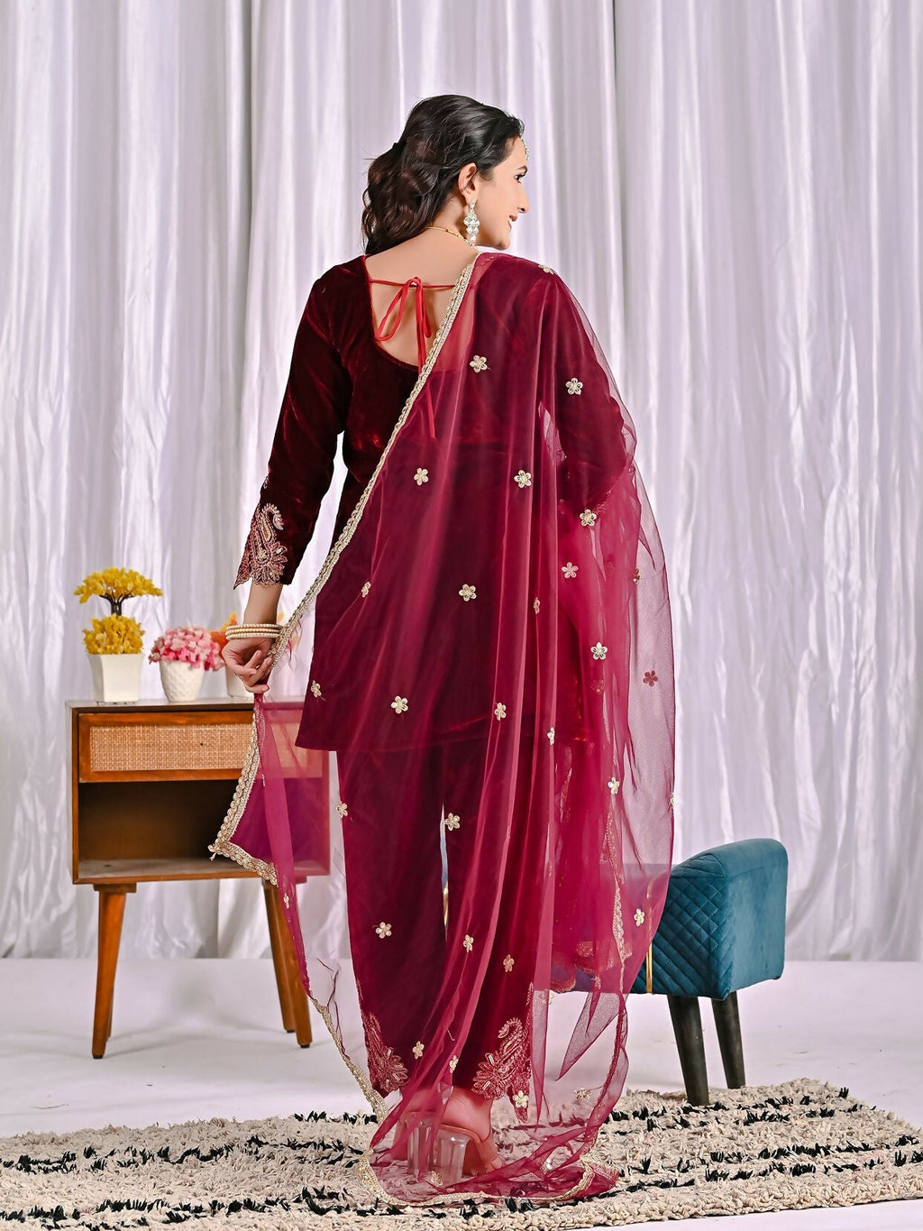 Wine Velvet Kurta Set with Intricate Sequence Embroidery