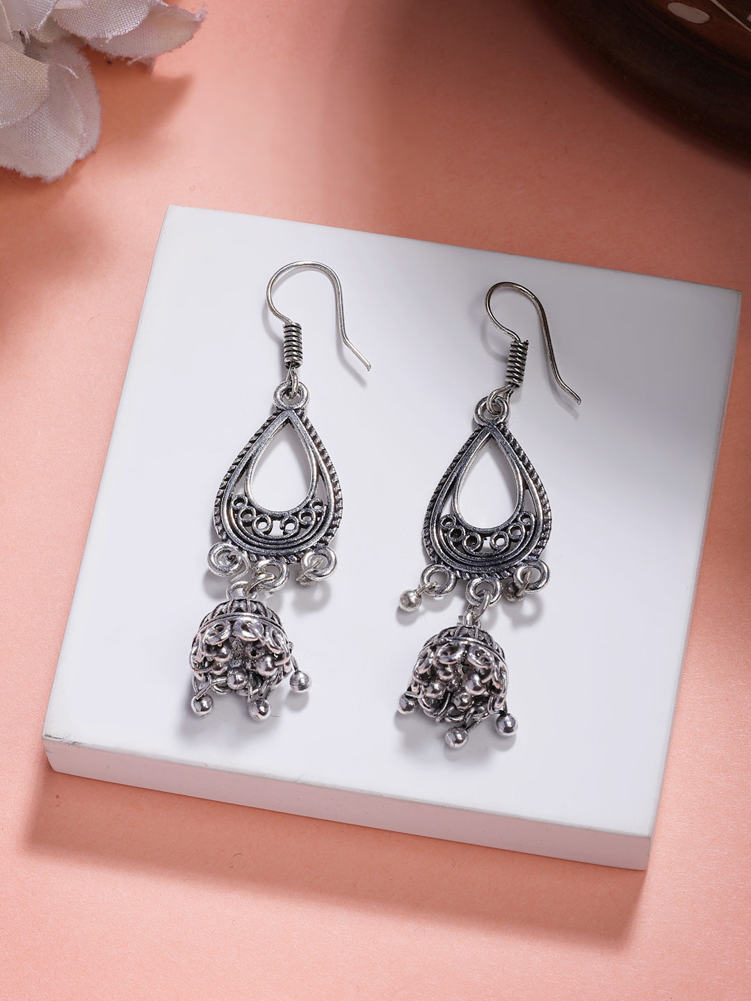 Set of 3 Silver Plated Oxidized Traditional Jhumka and Stud Earrings
