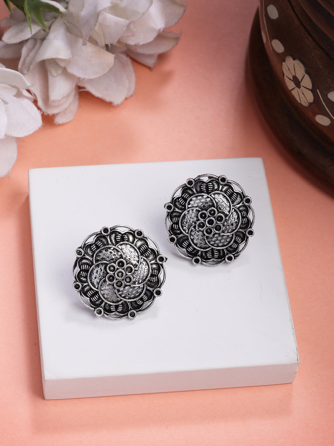 Set of 3 Silver Plated Oxidized Traditional Jhumka and Stud Earrings