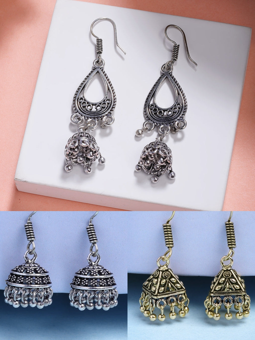 Set of three bohemian-style oxidized traditional earrings in antique silver and gold tones with geometric designs.