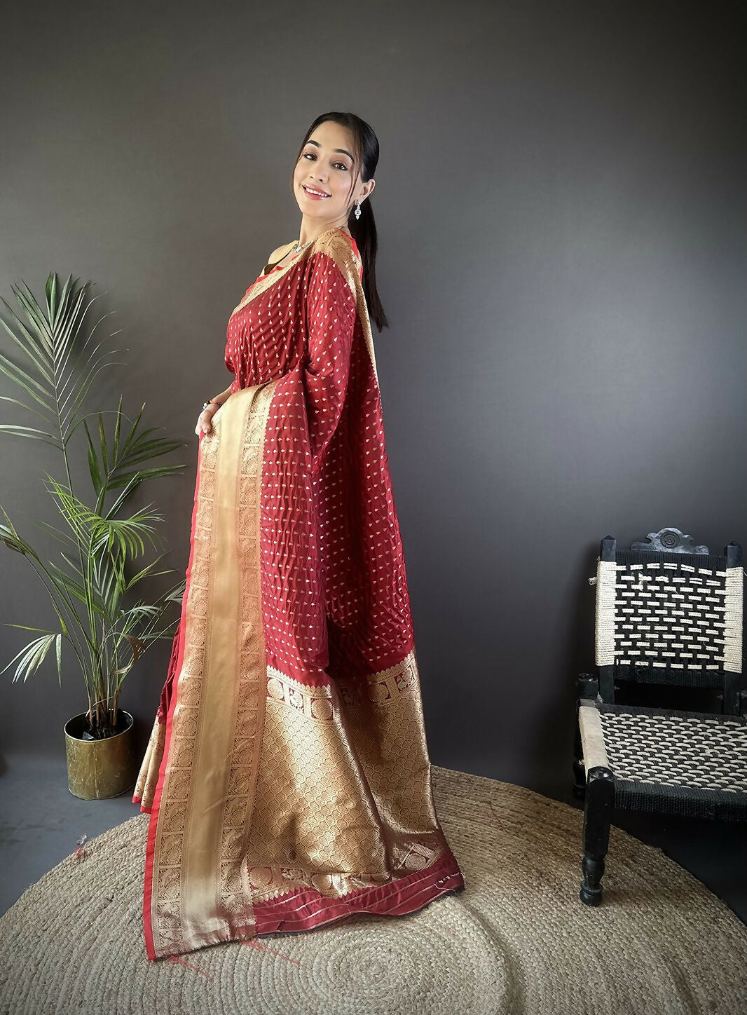 Brick Red Small Butti Banarasi Silk Saree with Unstitched Blouse